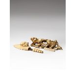 A JAPANESE IVORY OKIMONO AND A LARGE NETSUKE MEIJI PERIOD, 19TH CENTURY The okimono depicting a