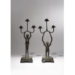 A PAIR OF JAPANESE BRONZE CANDLESTICKS MEIJI PERIOD, 19TH CENTURY Cast as Ashinaga and Tenaga, the