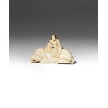 A JAPANESE IVORY NETSUKE OF A BEAUTY MEIJI PERIOD, 19TH CENTURY Carved as Eguchi no Kimi seated on