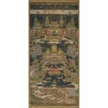 A JAPANESE SCROLL PAINTING OF THE PURE LAND OF AMIDA BUDDHA, TAIMA MANDALA KAMAKURA PERIOD OR LATER,