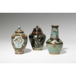 THREE SMALL CLOISONNE ENAMEL VASES 19TH CENTURY Two Japanese, of baluster form and with covers,