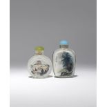 TWO CHINESE INTERIOR-PAINTED GLASS SNUFF BOTTLES 20TH CENTURY One painted with the Tower of Buddhist