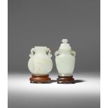 TWO SMALL CHINESE PALE CELADON JADE VASES QING DYNASTY One of flattened baluster form with dragon