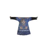 A CHINESE BLUE-GROUND EMBROIDERED SILK 'NINE DRAGON' ROBE LATE QING DYNASTY The dragons picked out