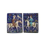 TWO QAJAR POLYCHROME MOULDED TILES 19TH CENTURY Each depicting a falconer riding a horse, with
