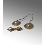 A SMALL TIBETAN BRONZE VAJRA AND A PAIR OF BRONZE OR BRASS CYMBALS 17TH AND 19TH CENTURY The vajra