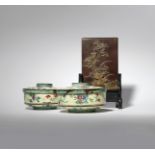 A CHINESE DUAN STONE TABLE SCREEN AND A PAIR OF CANTON ENAMEL BOXES AND COVERS 19TH CENTURY The