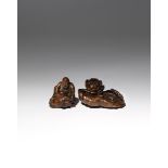 TWO CHINESE BAMBOO CARVINGS QING DYNASTY One formed as two frogs and a crab sitting upon a large