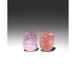 TWO CHINESE HARDSTONE CARVINGS OF FRUITS QING DYNASTY One carved as three peaches in rose quartz,