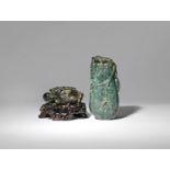 TWO CHINESE STONE CARVINGS QING DYNASTY One a brush washer carved in a celadon and black stone,