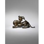 A CHINESE BRONZE MODEL OF A TIANLU QING DYNASTY The mythical beast depicted crouching with its