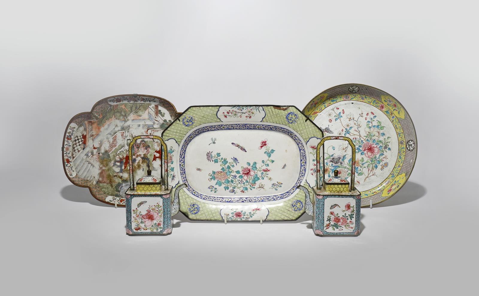 A SMALL GROUP OF CHINESE FAMILLE ROSE CANTON ENAMEL ITEMS 18TH AND 19TH CENTURY Comprising: a pair