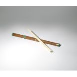 A CHINESE CHOPSTICK AND KNIFE SET QING DYNASTY The wood case with gilt-metal mounts and carved in