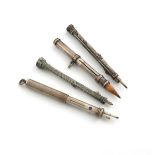 A small mixed lot of four silver pencils, comprising: a three-colour pencil, by Houghton and Gunn,