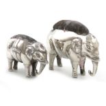 Two Edwardian novelty silver elephant pin cushions, by The Boots Pure Drug Company, Birmingham 1905,