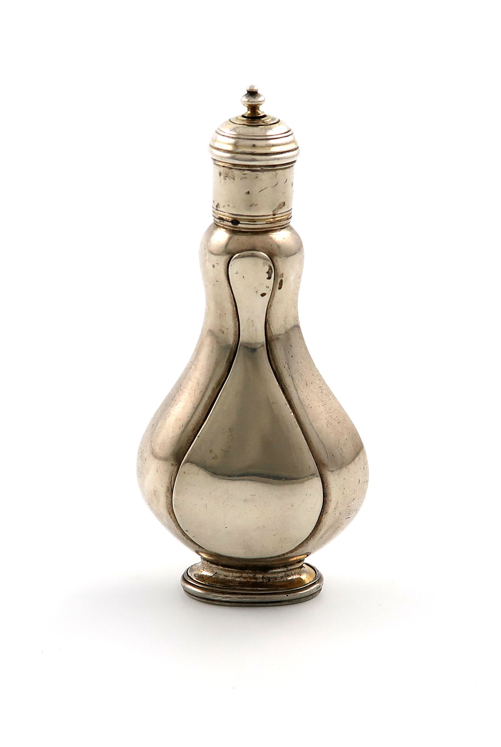 A silver scent flask, unmarked probably 18th century, compressed baluster form, hinged base, the