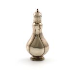 A silver scent flask, unmarked probably 18th century, compressed baluster form, hinged base, the