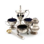 A mixed lot of silver items, various dates and makers, comprising: a mustard pot, by Holland,