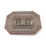 An Indian silver and copper tray, rectangular form, canted corners, the copper base applied with