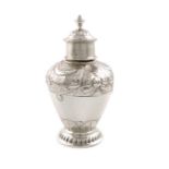 A late-Victorian silver tea canister, by Nathan and Hayes, Chester 1896, baluster form, embossed