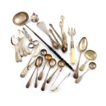 λA mixed lot of silver flatware, comprising: a set of six George III provincial silver Bright-cut