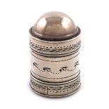 A George III silver nutmeg grater, by Samuel Pemberton, Birmingham 1790, cylindrical form, domed