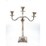 A Victorian electroplated three-light candelabrum, by H and L, Corinthian column form, beaded