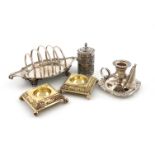 A mixed lot of Georgian and Victorian silver items, comprising: a five-bar toast rack, by