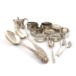 A mixed lot of silver items, various dates and makers, comprising: a set of six napkin rings, by
