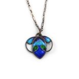 By William Haseler, an Edwardian Art Nouveau silver and enamel pendant, Birmingham 1908, shaped form