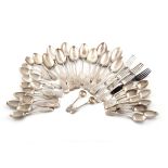 A collection of silver Fiddle pattern flatware, various dates and makers, comprising: eleven