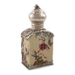 A late 19th century German silver-mounted Meissen tea caddy, the mounts by Elimeyer, upright