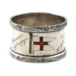 A silver and enamel napkin ring, circular form, enamelled with the house flag of the burgee of Elder