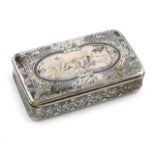 A 19th century French silver and niello work snuff box, rectangular form, the cover with a scene