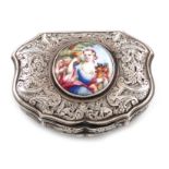 A silver and enamel snuff box, unmarked, probably 18th century cartouche shaped, with chased foliate