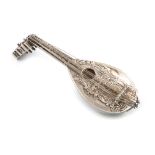 A Dutch novelty silver scent flask, modelled as a mandolin, embossed with figural and foliate scroll