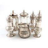 A mixed lot of silver cruets, various dates and makers, comprising: a Victorian mustard pot, by