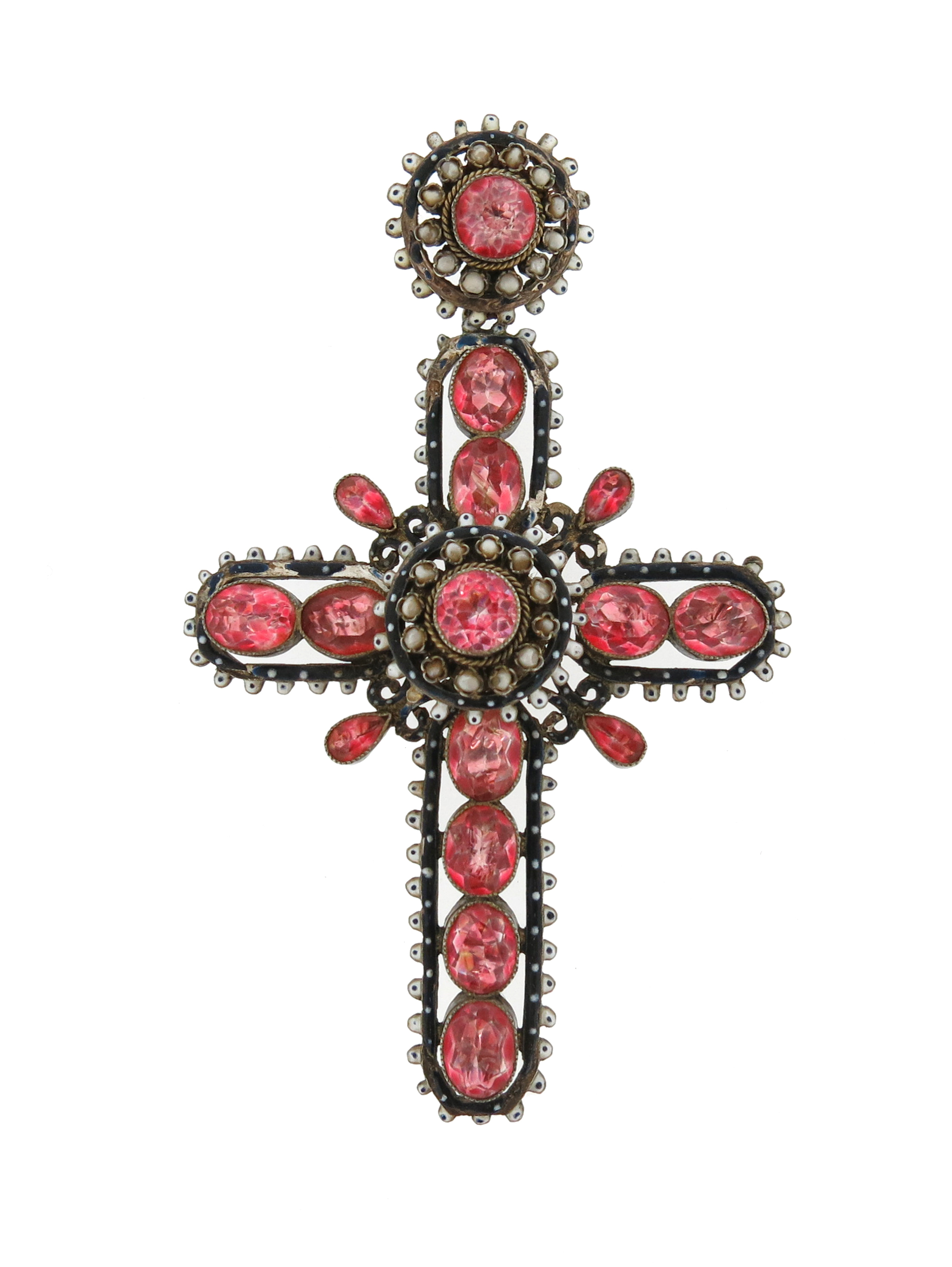 A 19th century Renaissance Revival cruciform pendant, set with foil-backed pink pastes and seed - Image 2 of 4