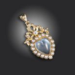 A carved moonstone, seed pearl and diamond-set heart pendant, the heart-shaped moonstone set