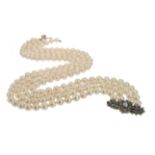 A four row cultured pearl necklace, (one row detached) with a Victorian pearl and diamond clasp, set