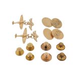 A pair of 9ct gold cufflinks, engraved with initials, case; a pair of gold cufflinks modelled as
