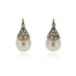 A pair of cultured pearl and diamond drop earrings, the cultured pearls measure 11.6mm approximately