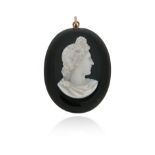 An agate cameo pendant, depicting the profile of Apollo Belvedere, with a circular-cut diamond