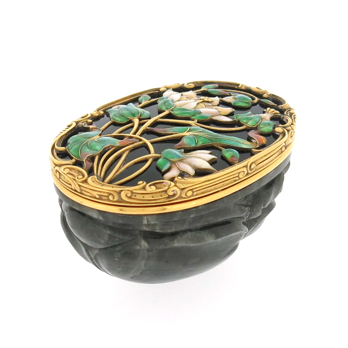 A mid 18th century carved labradorite scarab-form snuff box, the hinged blue glass cover decorated - Image 6 of 12