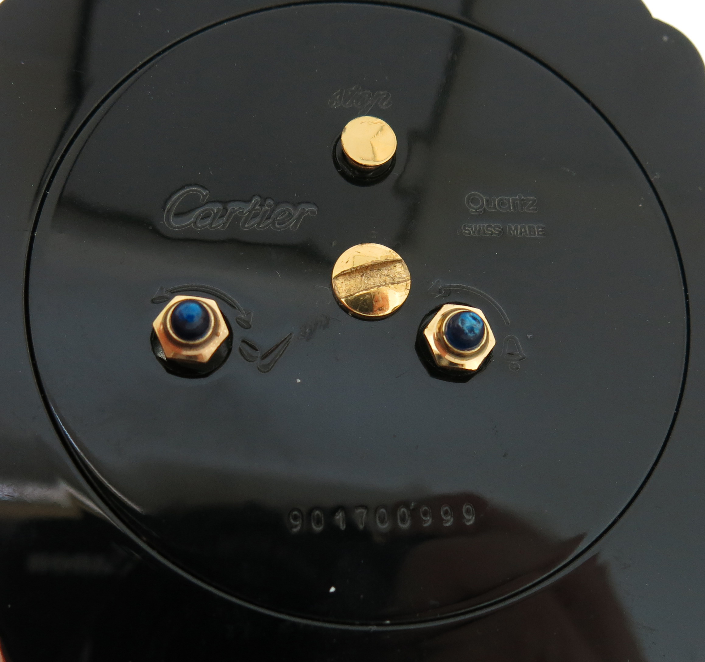 Three travel clocks by Cartier, including a Must de Cartier brass and red enamel travel alarm clock, - Image 6 of 9