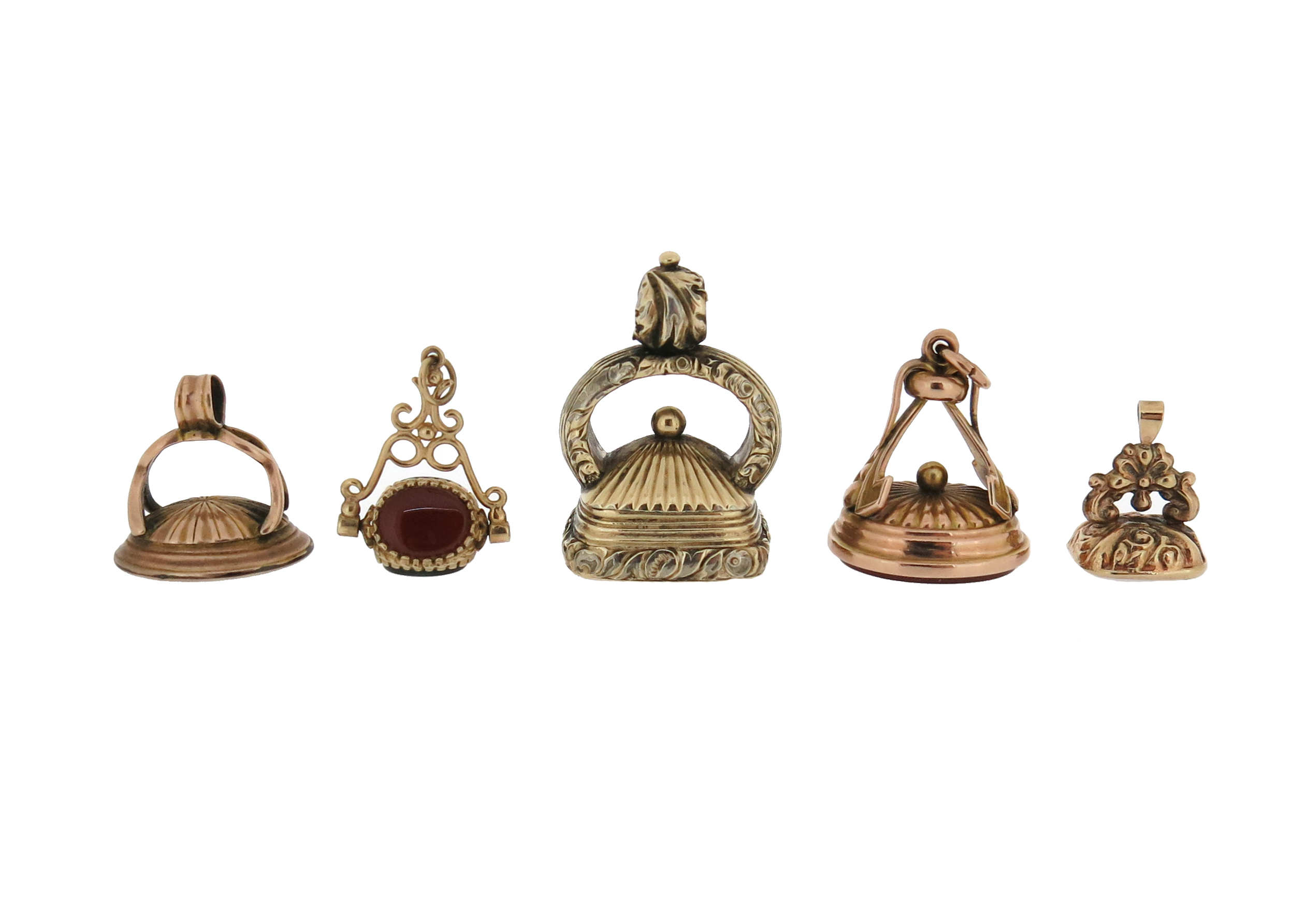 Five gold and gold-cased fob seals, set with various plain and engraved hardstone seal - Image 7 of 10