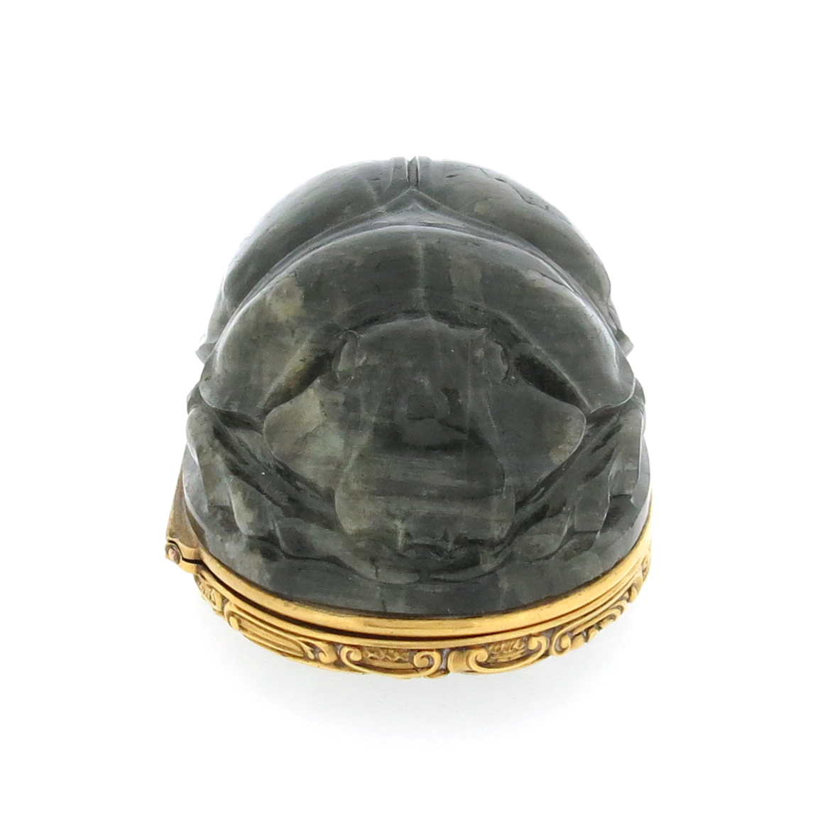 A mid 18th century carved labradorite scarab-form snuff box, the hinged blue glass cover decorated - Image 9 of 12