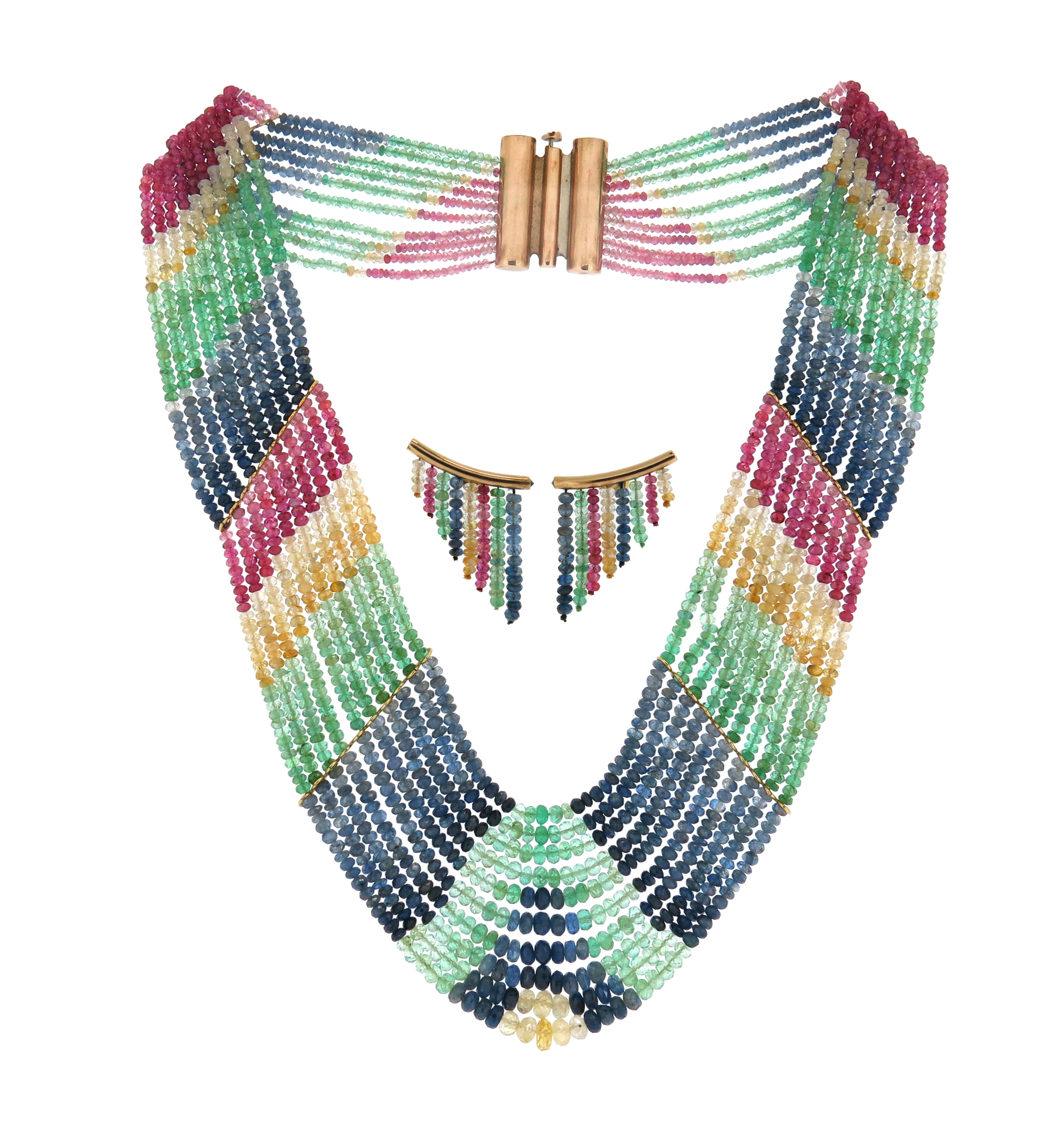 A faceted multi-gem bead necklace, set with rubies and multi-coloured sapphires, with a gold