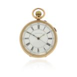 An 18ct gold open-faced chronograph pocket watch, the white dial with Roman numerals, stem wind,