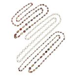 Three gem-set spectacle-link chains, including a moonstone-mounted long guard chain, 78cm long,